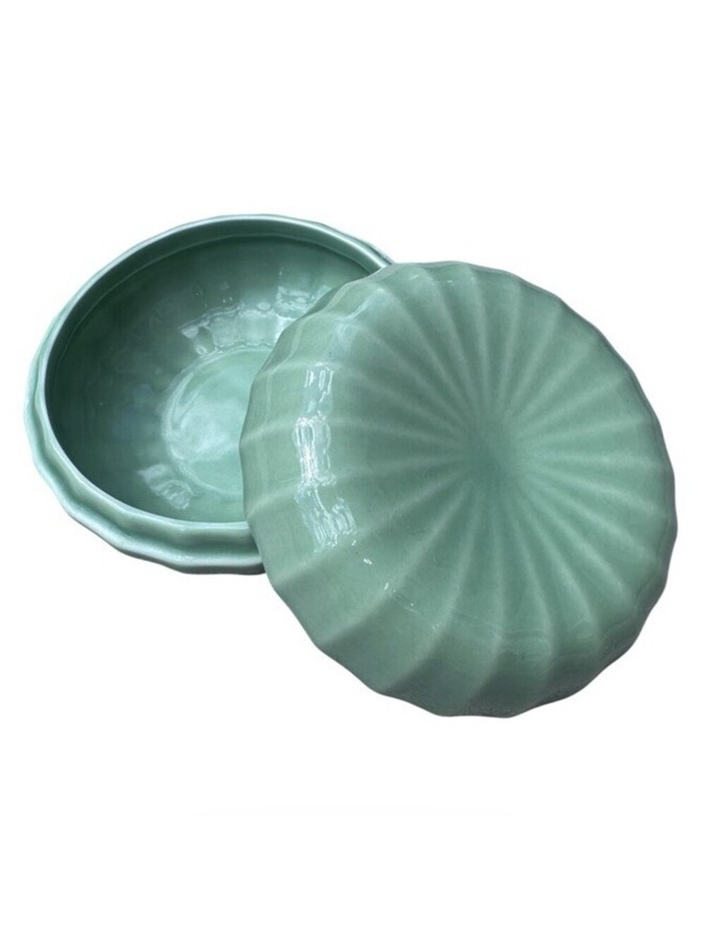 Discontinued IKEA Pastel Green Ceramic Covered Trinket Dish Scalloped